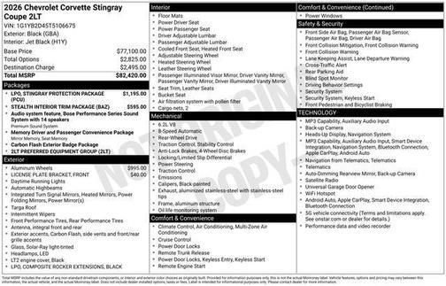 Black 2026 Chevrolet Corvette Stingray w/2LT
