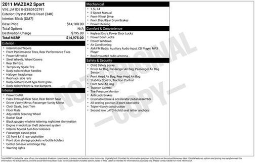 Crystal White Pearl 2011 Mazda Mazda2 Sport