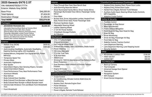 Makalu Gray 2025 Genesis GV70 2.5T