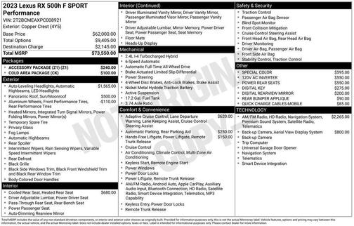 Copper 2023 Lexus RX 500h F SPORT PERFORMANCE