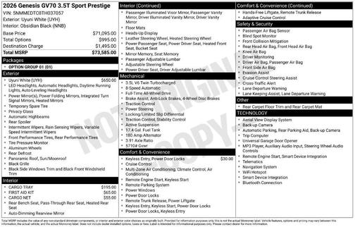 White 2026 Genesis GV70 3.5T Sport Prestige