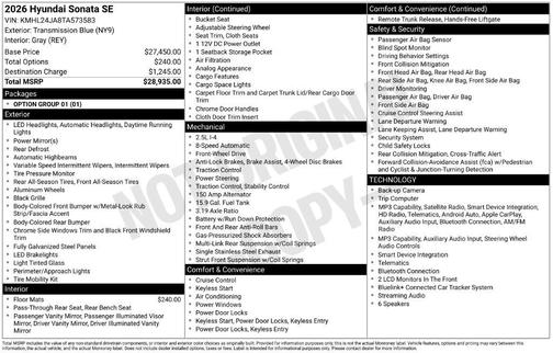Transmission Blue 2026 Hyundai SONATA SE