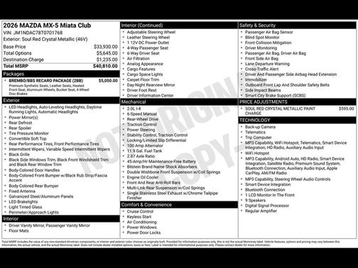 Soul Red Crystal Metallic 2026 Mazda MX-5 Miata Club