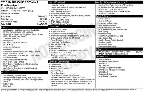 Machine Gray Metallic 2026 Mazda CX-90 3.3 Turbo S Premium Sport