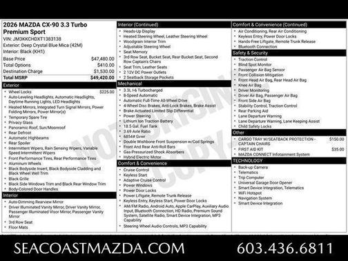 Deep Crystal Blue Mica 2026 Mazda CX-90 3.3 Turbo Premium Sport