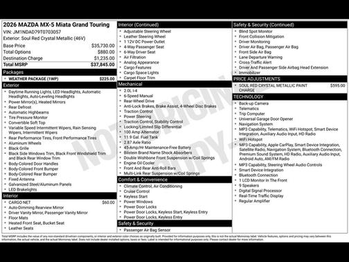 Soul Red Crystal Metallic 2026 Mazda MX-5 Miata Grand Touring