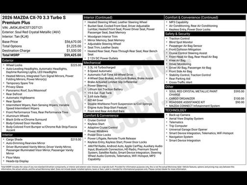 Soul Red Crystal Metallic 2026 Mazda CX-70 3.3 Turbo S Premium Plus Package