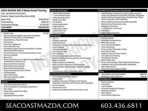 Deep Crystal Blue Mica 2026 Mazda MX-5 Miata Grand Touring