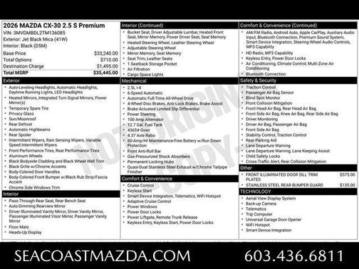 Jet Black Mica 2026 Mazda CX-30 Premium Package