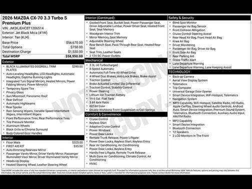 Jet Black Mica 2026 Mazda CX-70 3.3 Turbo S Premium Plus Package