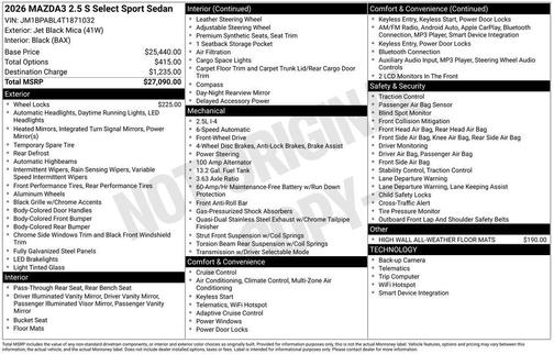 Jet Black Mica 2026 Mazda Mazda3 FWD w/Select Package