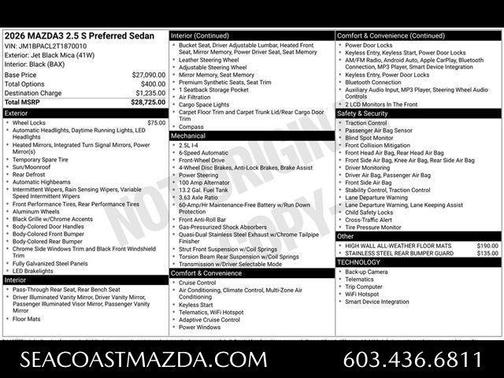 Jet Black Mica 2026 Mazda Mazda3 FWD w/Preferred Package
