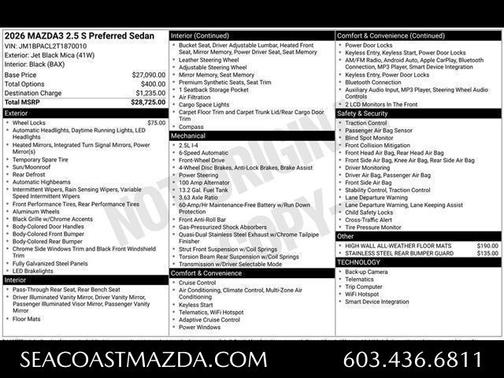 Jet Black Mica 2026 Mazda Mazda3 FWD w/Preferred Package