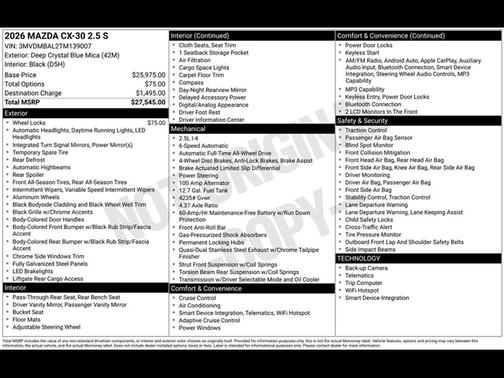 Deep Crystal Blue Mica 2026 Mazda CX-30 2.5 S