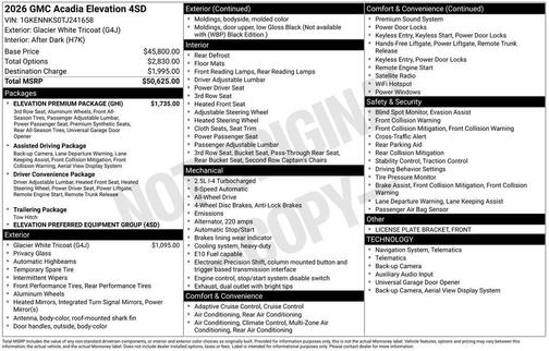 Glacier White 2026 GMC Acadia Elevation