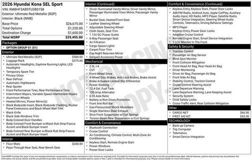 Red Metallic 2026 Hyundai KONA SEL Sport