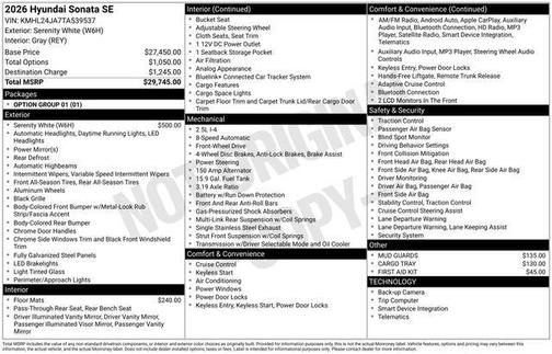 White 2026 Hyundai SONATA SE