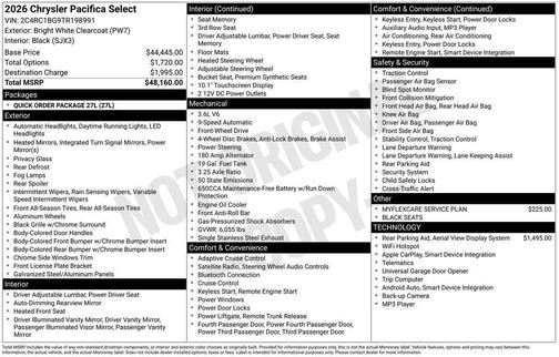 Bright White Clearcoat 2026 Chrysler Pacifica L