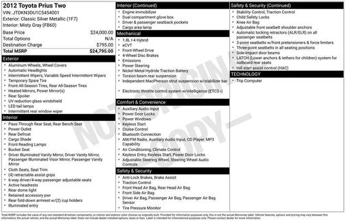 Classic Silver Metallic 2012 Toyota Prius Two
