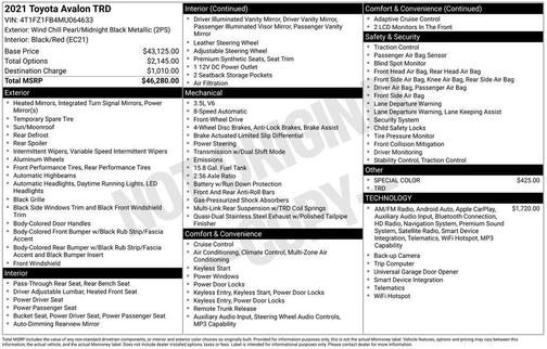 Midnight Black Metallic 2021 Toyota Avalon TRD