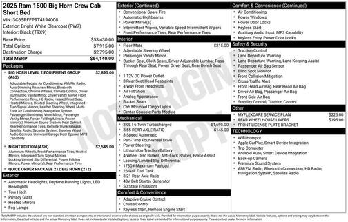 White 2026 RAM 1500 Big Horn/Lone Star