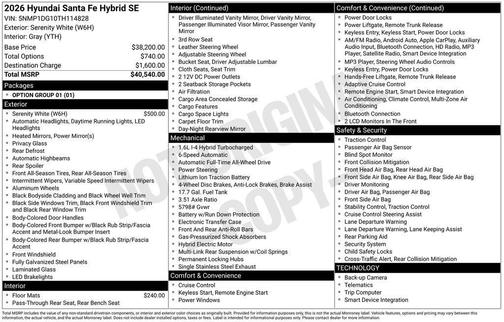 White 2026 Hyundai SANTA FE HEV SE