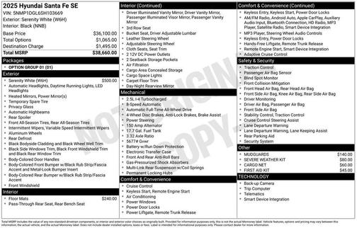 White 2025 Hyundai SANTA FE SE
