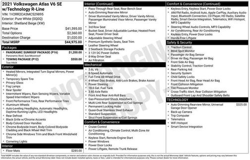 Pure White 2021 Volkswagen Atlas 3.6 SE w/ Technology R-Line