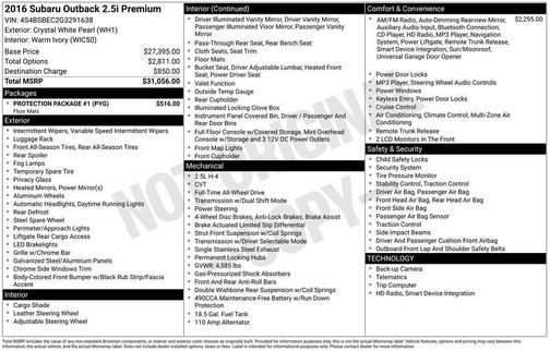 White 2016 Subaru Outback 2.5i Premium