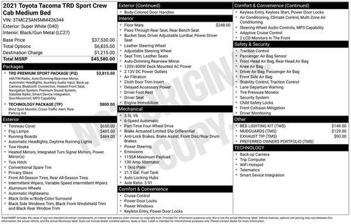 Super White 2021 Toyota Tacoma TRD Sport