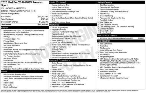 Rhodium White Premium 2025 Mazda CX-90 PHEV Premium Sport