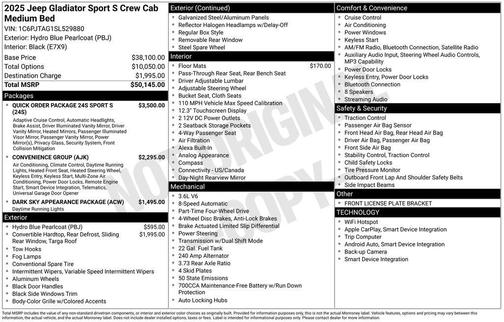 Hydro Blue Pearlcoat 2025 Jeep Gladiator Sport S