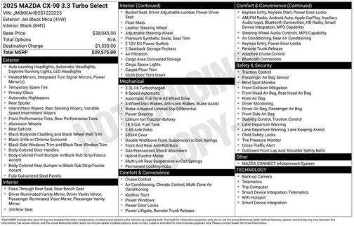 Jet Black 2025 Mazda CX-90 3.3 Turbo Select