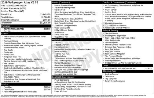 Pure White 2019 Volkswagen Atlas 3.6L SE