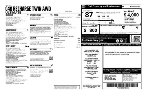 Silver Dawn Metallic 2023 Volvo C40 Recharge Pure Electric Twin Ultimate