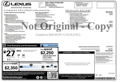 Wind Chill Pearl 2025 Lexus TX 500h F SPORT Premium
