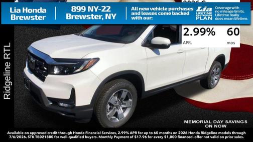 Platinum White Pearl 2026 Honda Ridgeline RTL