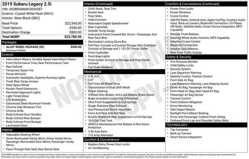 Crystal White Pearl 2019 Subaru Legacy Base