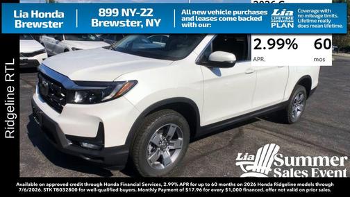 Platinum White Pearl 2026 Honda Ridgeline RTL