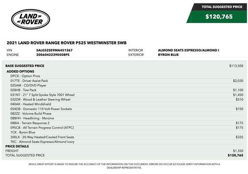 Byron Blue Metallic 2021 Land Rover Range Rover P525 Westminster