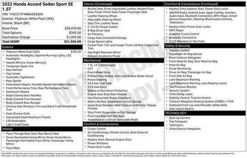 Platinum White Pearl 2022 Honda Accord Sport SE 1.5T