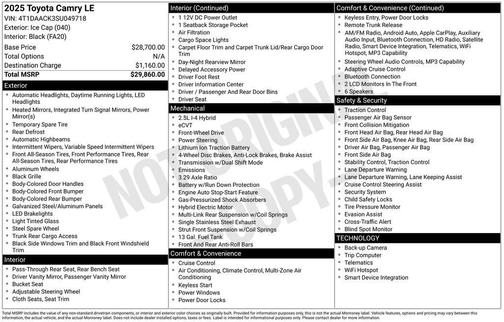 White 2025 Toyota Camry LE