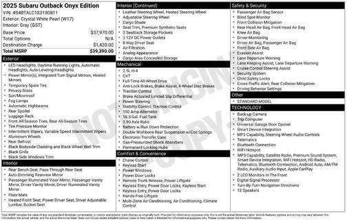Crystal White Pearl 2025 Subaru Outback Onyx Edition