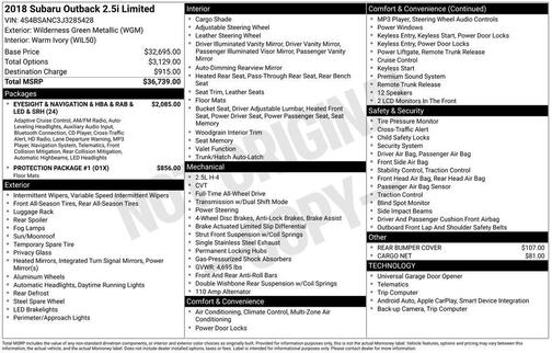 Wilderness Green Metallic 2018 Subaru Outback 2.5i Limited