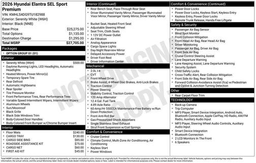 White 2026 Hyundai ELANTRA SEL SPORT PREMIUM