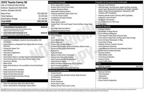 Supersonic Red 2025 Toyota Camry SE