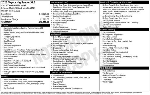 Midnight Black Metallic 2023 Toyota Highlander XLE