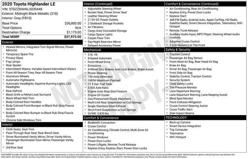 Midnight Black Metallic 2020 Toyota Highlander LE