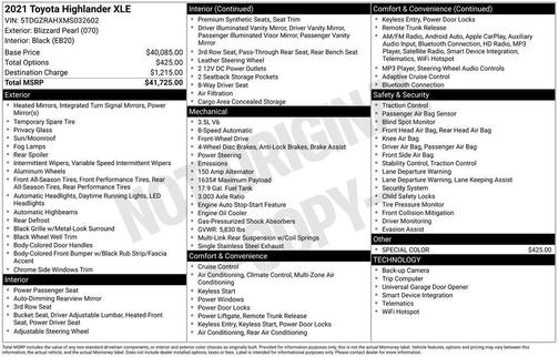 Blizzard Pearl 2021 Toyota Highlander XLE