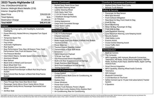 Midnight Black Metallic 2023 Toyota Highlander LE